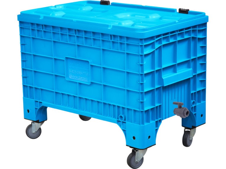 Контейнер 1017х636х793 сплошной, на колёсах, с крышкой на петлях, с КШ 1 внешняя резьба цв. сини купить в Челябинске Контейнер 1017х636х793 сплошной, на колёсах, с крышкой на петлях, с КШ 1 внешняя резьба цв. сини купить в Челябинске